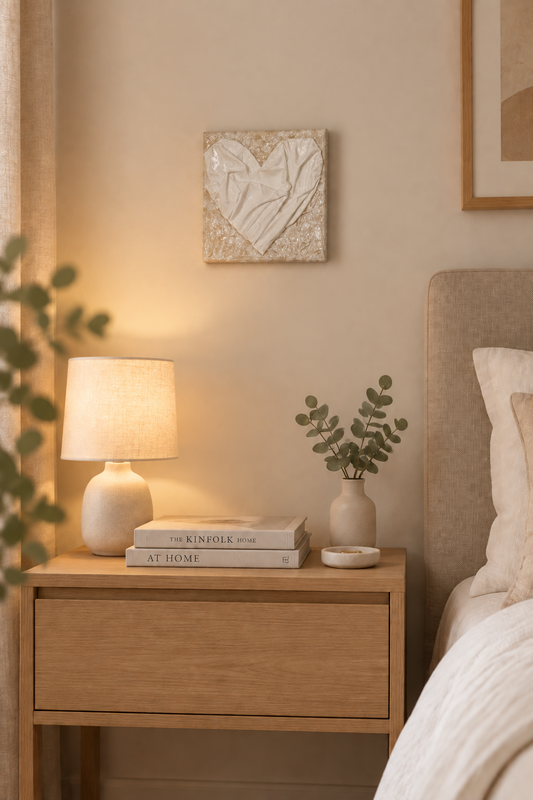Bianco Terra AFFETTO No. 01 textile heart wall art with sculpted fabric folds on a distressed plaster background.