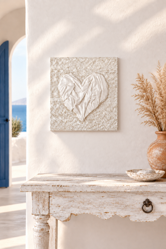 Bianco Terra AFFETTO No. 02 mixed-media heart art with white draped fabric, plaster texture, and glossy resin finish.