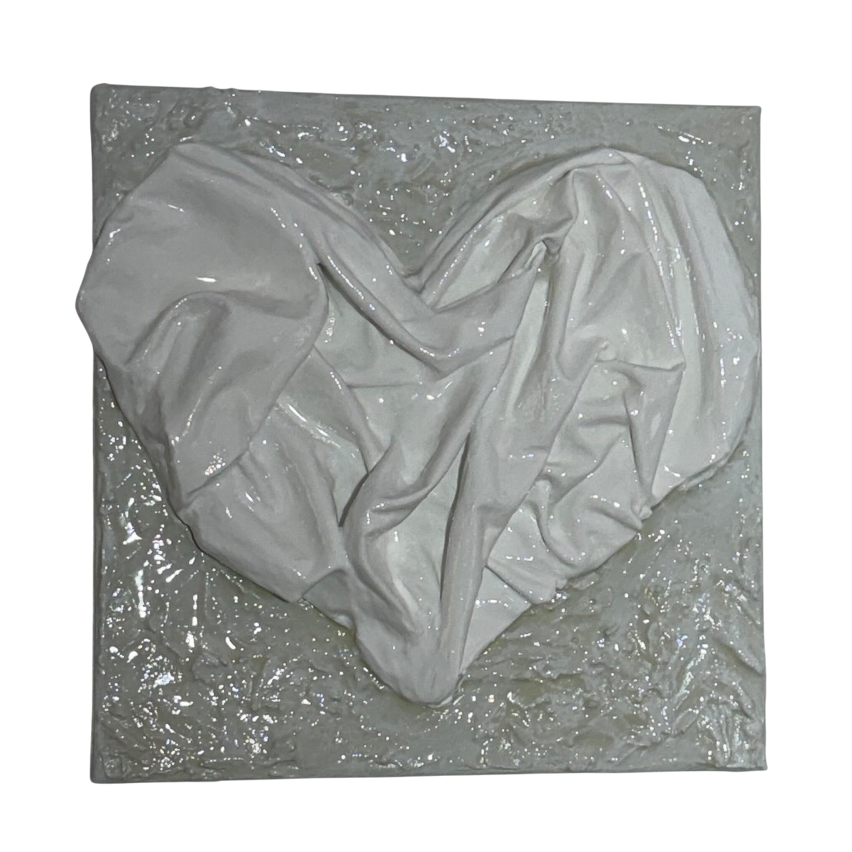 Bianco Terra AFFETTO No. 02 mixed-media heart art with draped white fabric on a distressed plaster background.
