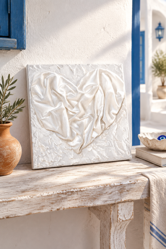Bianco Terra AFFETTO No. 03 mixed-media heart art with draped white textile folds on a distressed plaster background.