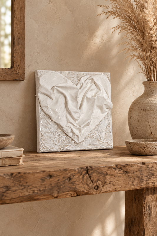 Bianco Terra AFFETTO No. 04 mixed-media heart art with white fabric folds on a distressed plaster background.