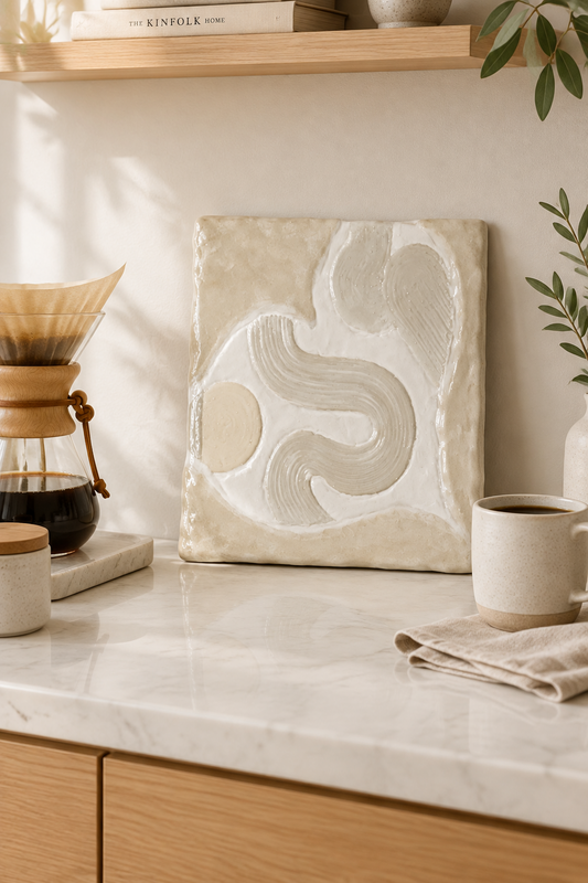 Bianco Terra CECO No. 02 square sculptural wall art with matte bubble textures and glossy resin heart wave details.