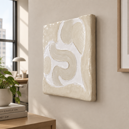 Bianco Terra CECO No. 02 square sculptural wall art with matte chalk and glossy resin wave patterns in alabaster tones.