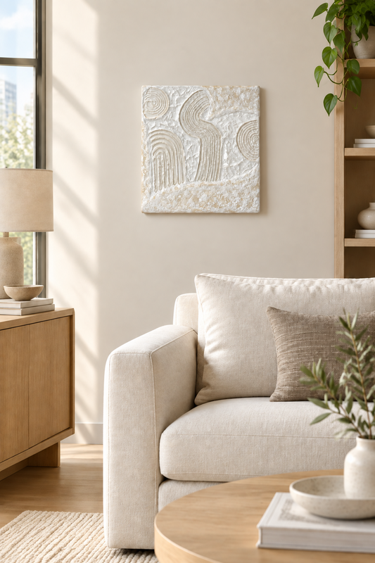 Bianco Terra CECO No. 03 square sculptural wall art with matte chalk and glossy resin wave patterns in alabaster tones.