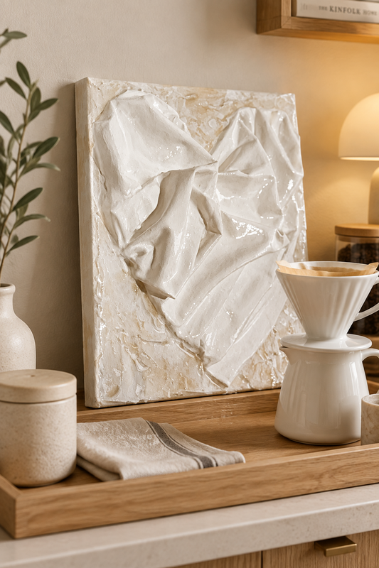 Bianco Terra AFFETTO No. 01 textile heart wall art featuring sculpted white fabric folds on a distressed plaster base.