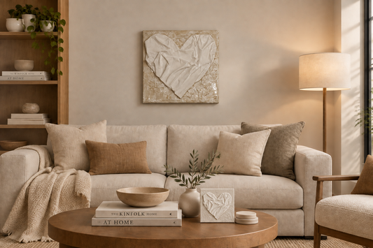 Bianco Terra AFFETTO No. 01 textile heart wall art with sculpted fabric folds on a distressed plaster background.