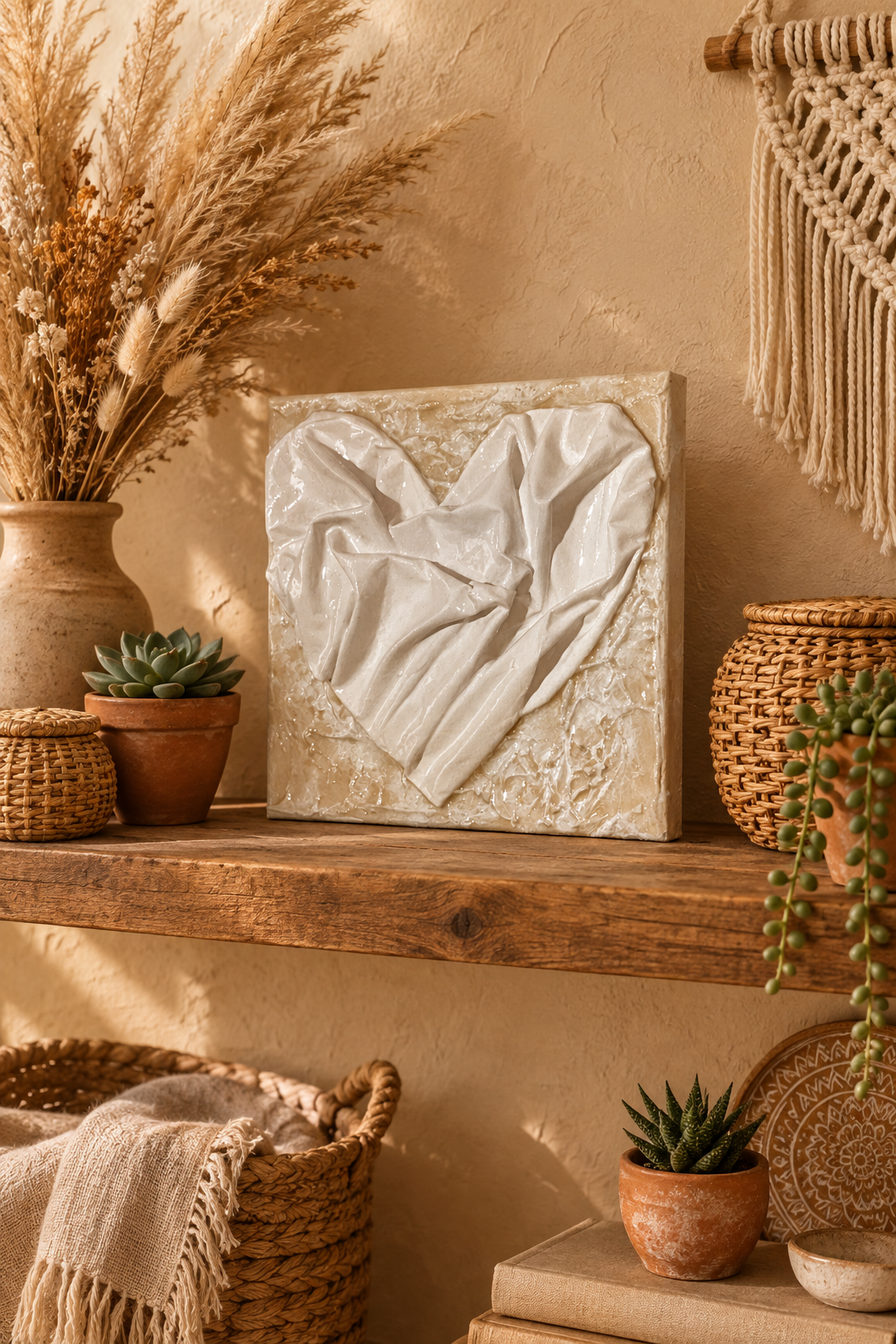 Bianco Terra AFFETTO No. 01 mixed-media heart art with draped white fabric on a distressed alabaster plaster background