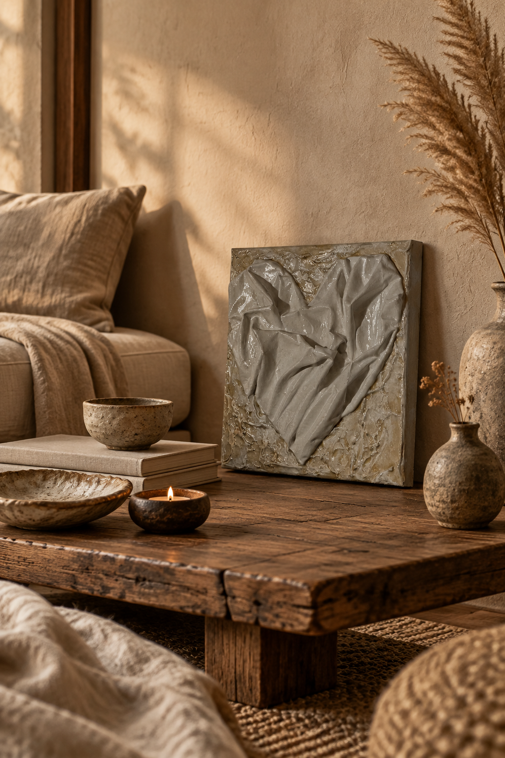 Bianco Terra AFFETTO No. 01 mixed-media heart art with glossy fabric folds on a distressed matte plaster background.