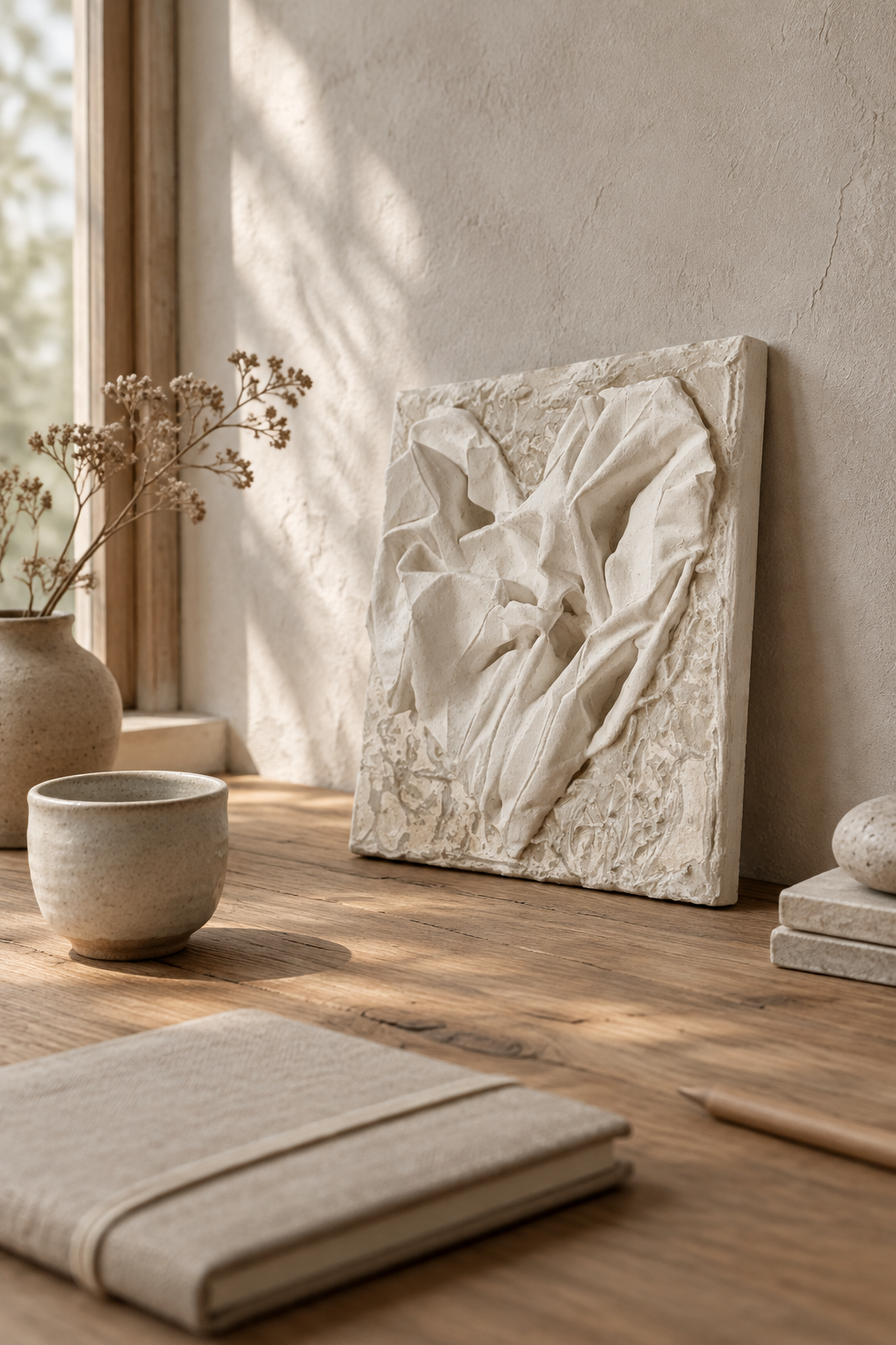 Bianco Terra AFFETTO No. 01 textile heart wall art with glossy fabric folds on a distressed matte plaster background.