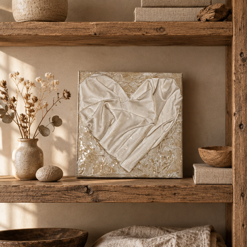 Bianco Terra AFFETTO No. 01 textile heart art with glossy fabric folds on a distressed matte alabaster plaster base.