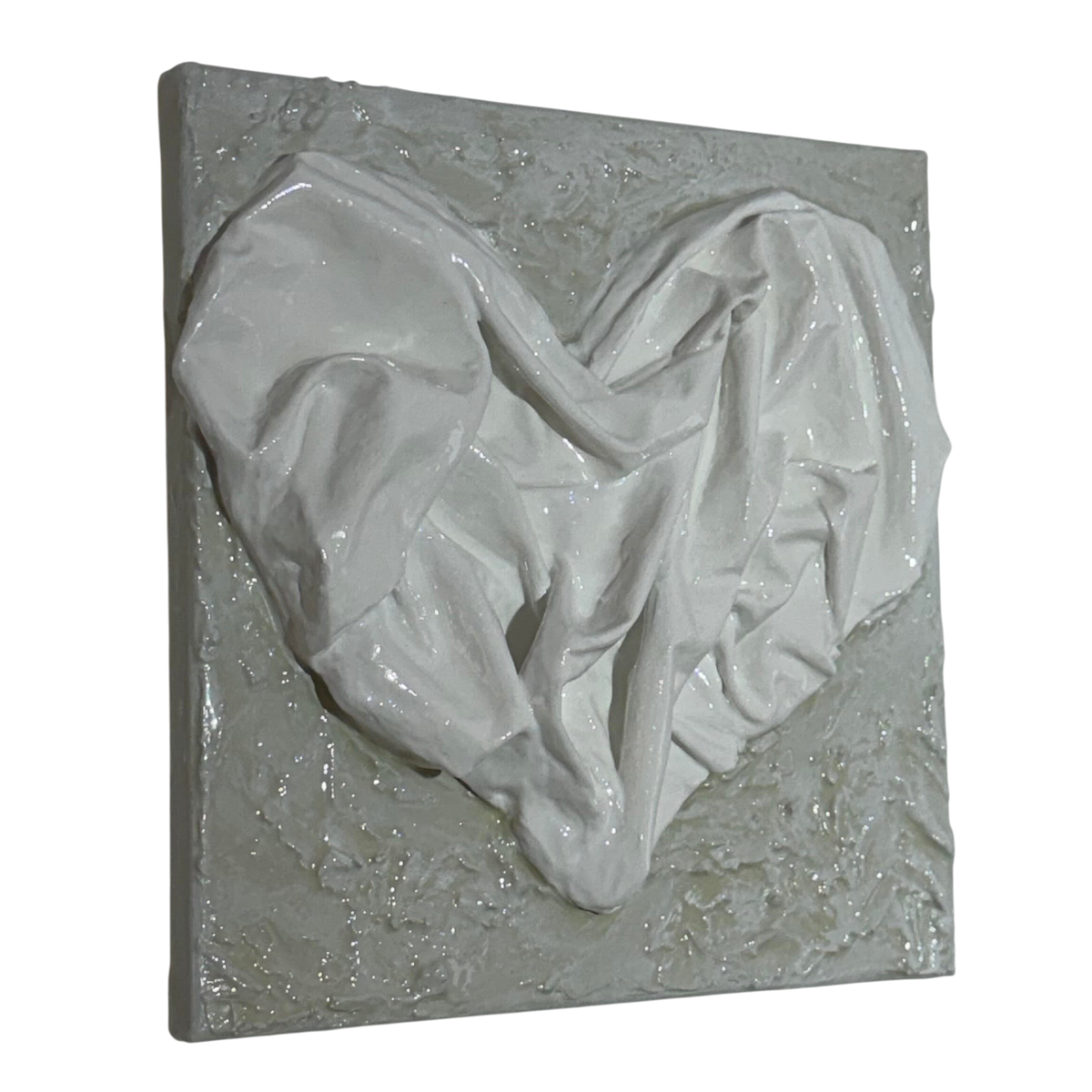 Bianco Terra AFFETTO No. 02 mixed-media heart art with white fabric folds on a distressed plaster background.