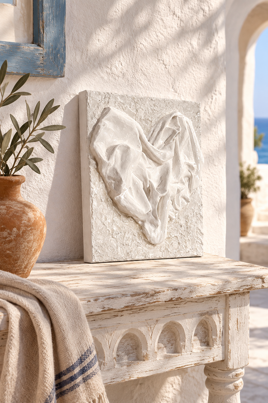 Bianco Terra AFFETTO No. 02 mixed-media heart art with white fabric folds on a distressed plaster background.