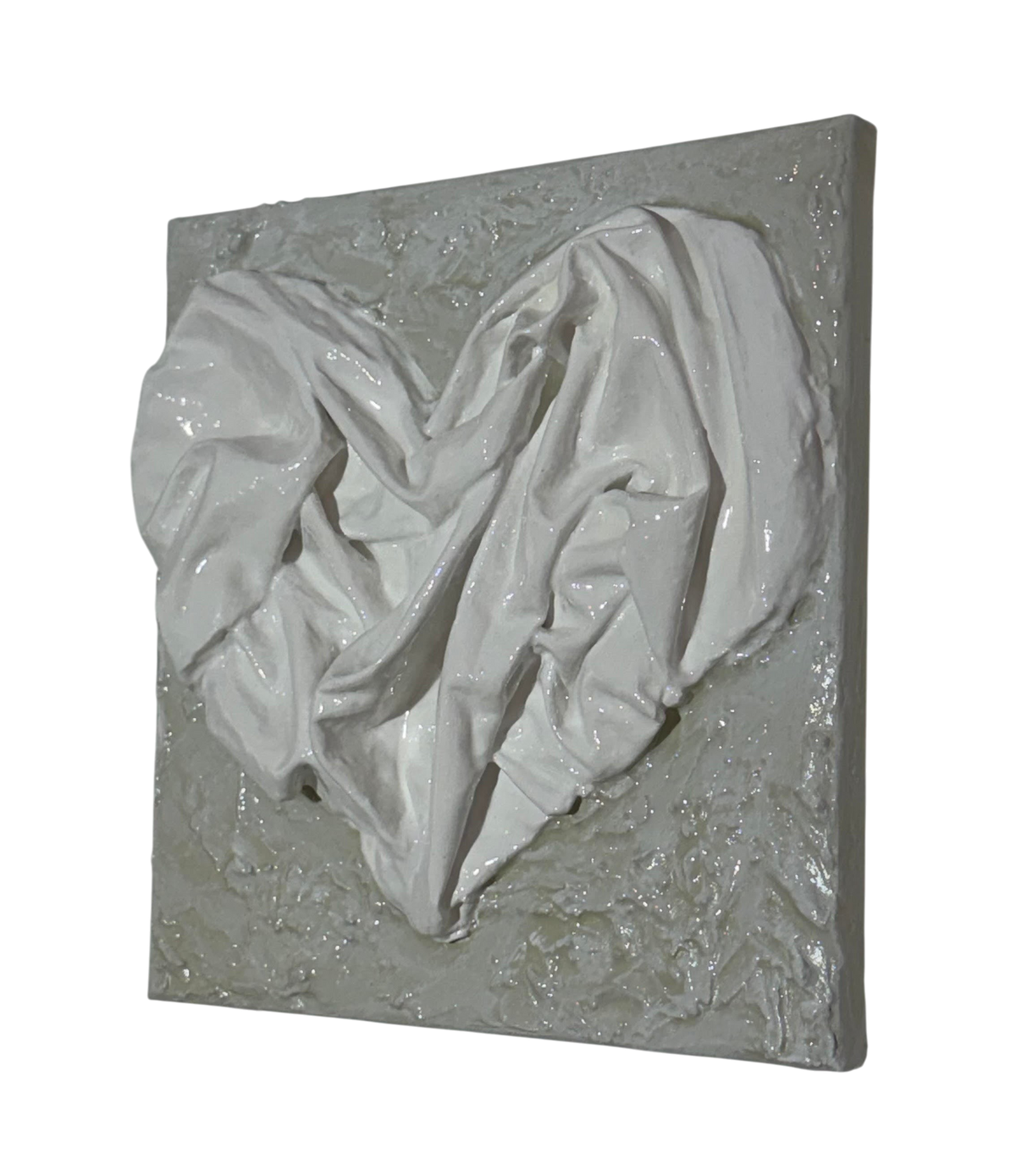 Bianco Terra AFFETTO No. 02 mixed-media heart art with sculpted white fabric on a distressed plaster background.