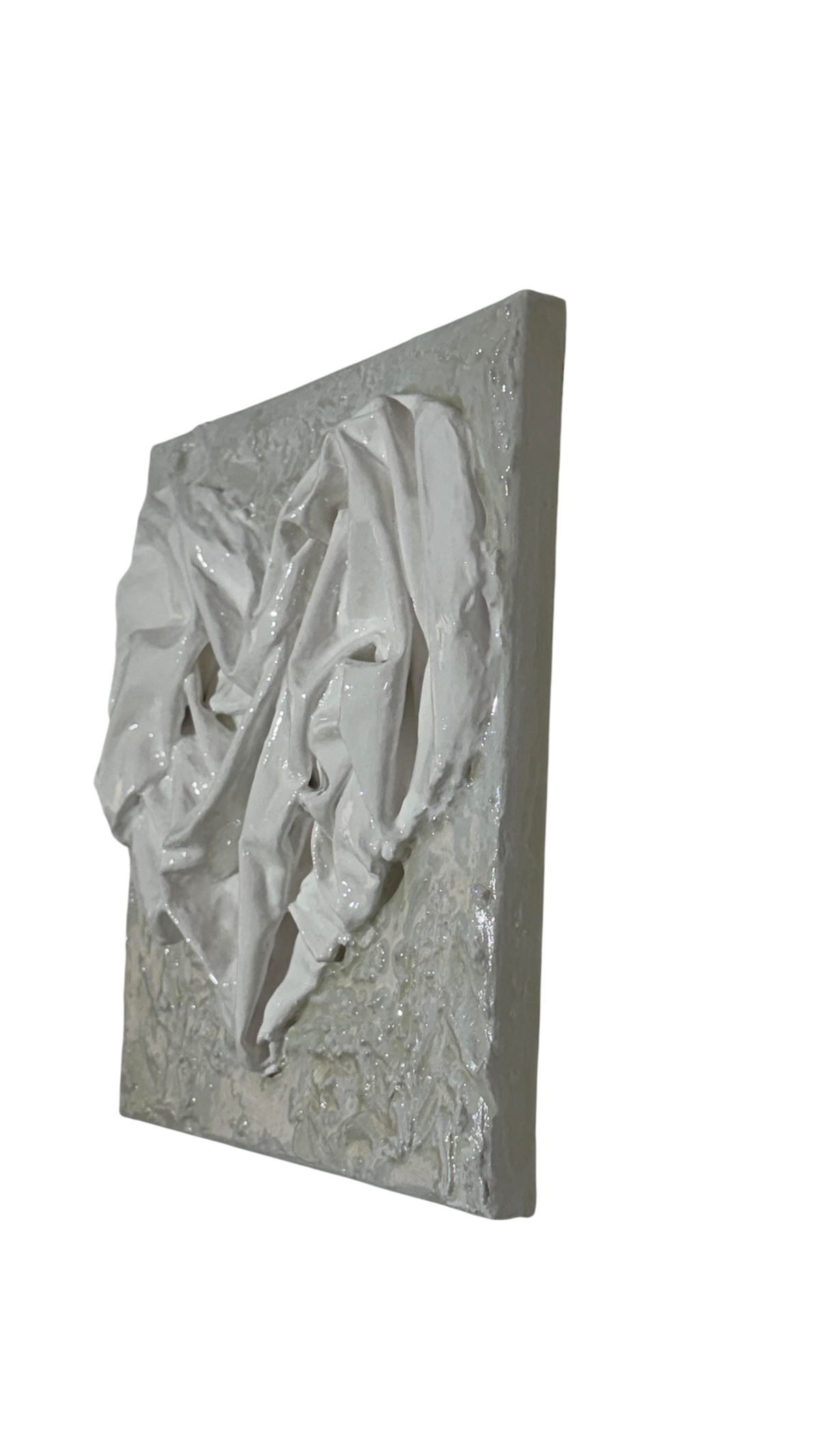 Bianco Terra AFFETTO No. 02 mixed-media heart art with draped textile folds on a distressed plaster background.