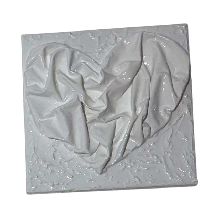 Bianco Terra AFFETTO No. 03 mixed-media heart art with draped white textile folds on a distressed plaster background.