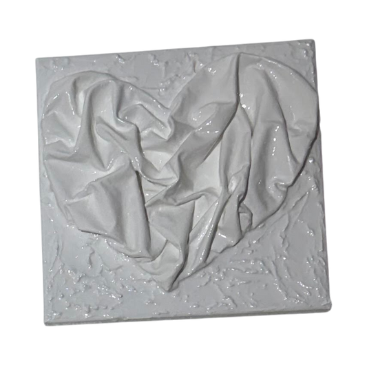 Bianco Terra AFFETTO No. 03 mixed-media heart art with draped white textile folds on a distressed plaster background.