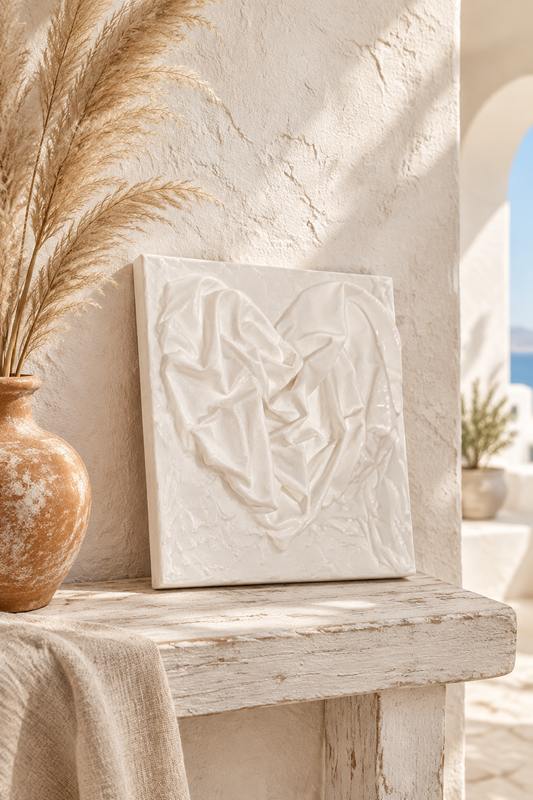 Bianco Terra AFFETTO No. 03 textile heart wall art with glossy fabric folds on a distressed matte plaster background.