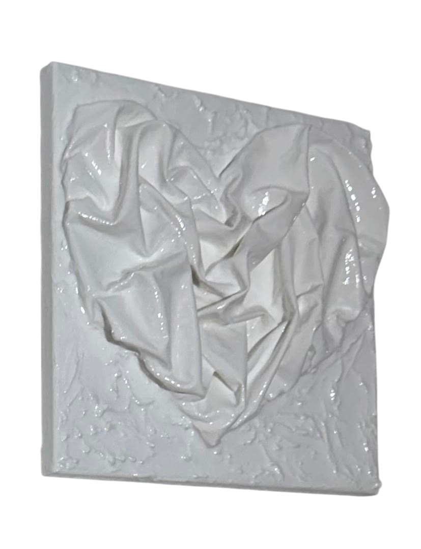 Bianco Terra AFFETTO No. 03 mixed-media heart art with draped fabric, plaster texture, and glossy resin in alabaster.