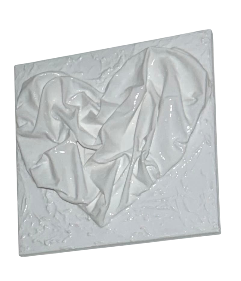 Bianco Terra AFFETTO No. 03 mixed-media heart art featuring draped white textile folds on a distressed plaster canvas.