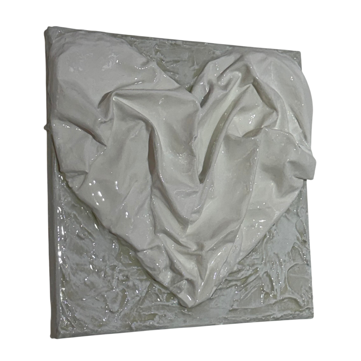 Bianco Terra AFFETTO No. 04 mixed-media heart art with white fabric folds on a distressed plaster background.