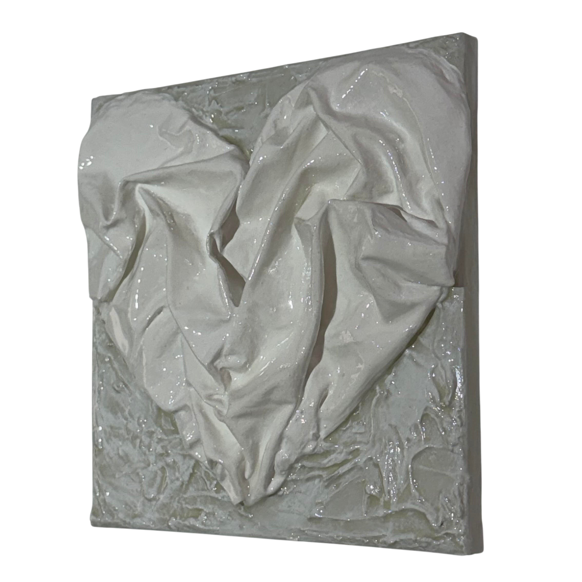 Bianco Terra AFFETTO No. 04 mixed-media heart art with white draped textile folds on a distressed plaster background.