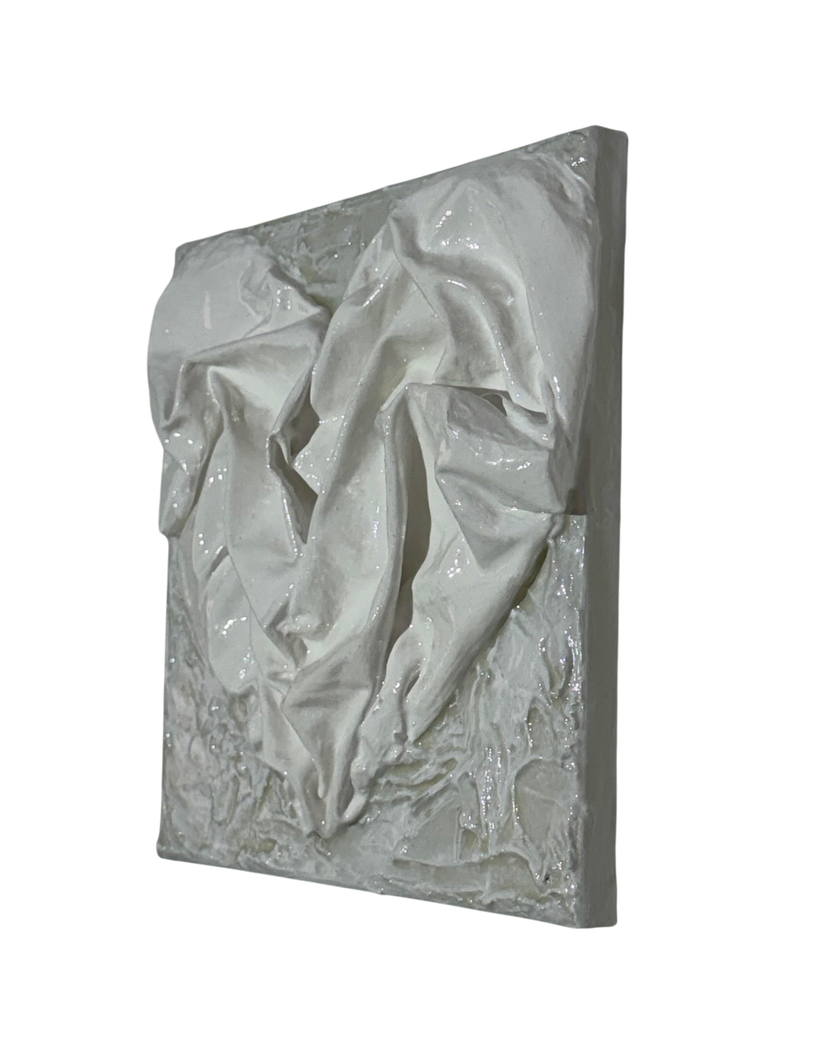 Bianco Terra AFFETTO No. 04 textile heart art with white plaster, fabric folds, and glossy resin on square canvas.