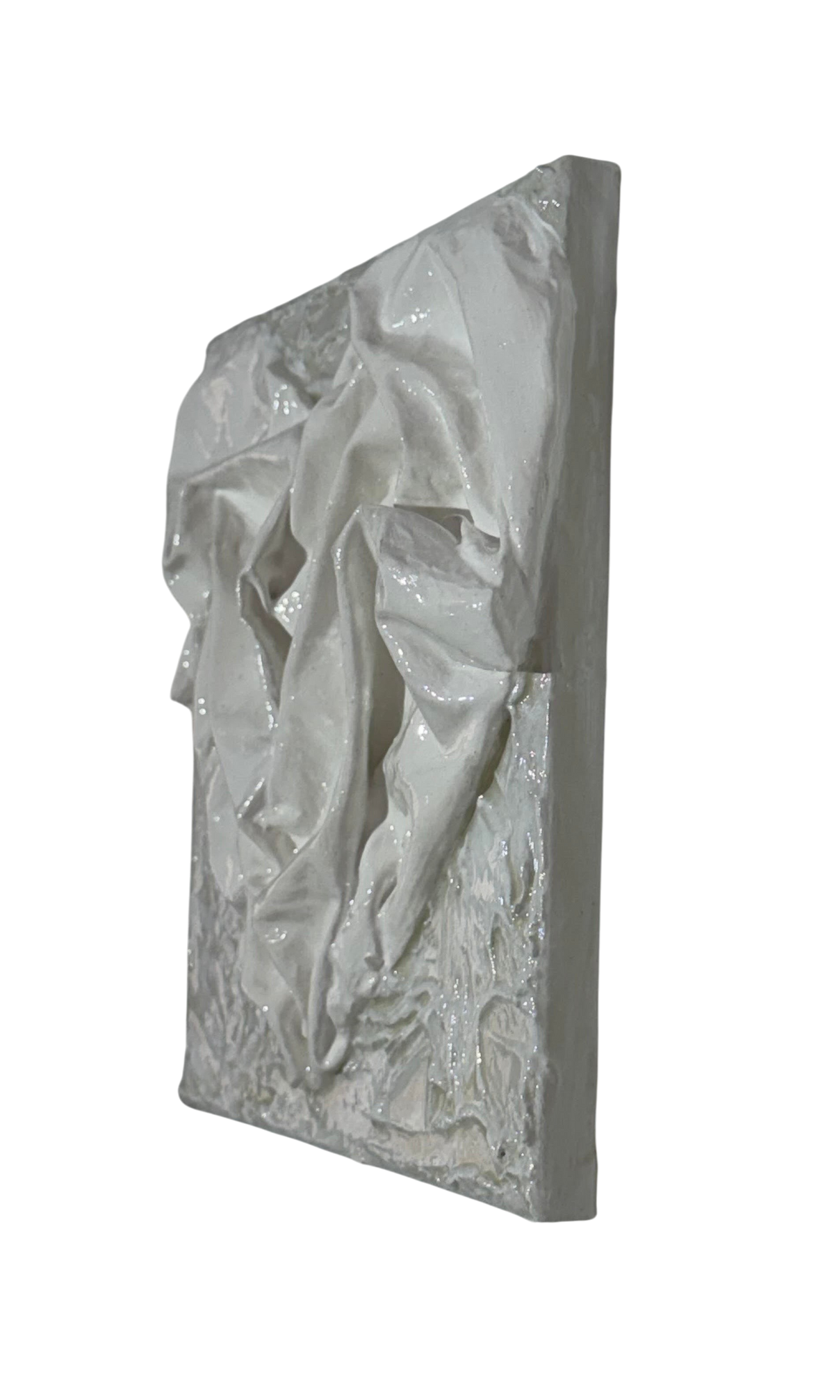 Bianco Terra AFFETTO No. 04 mixed-media textile heart art with glossy fabric folds on a distressed matte plaster base.