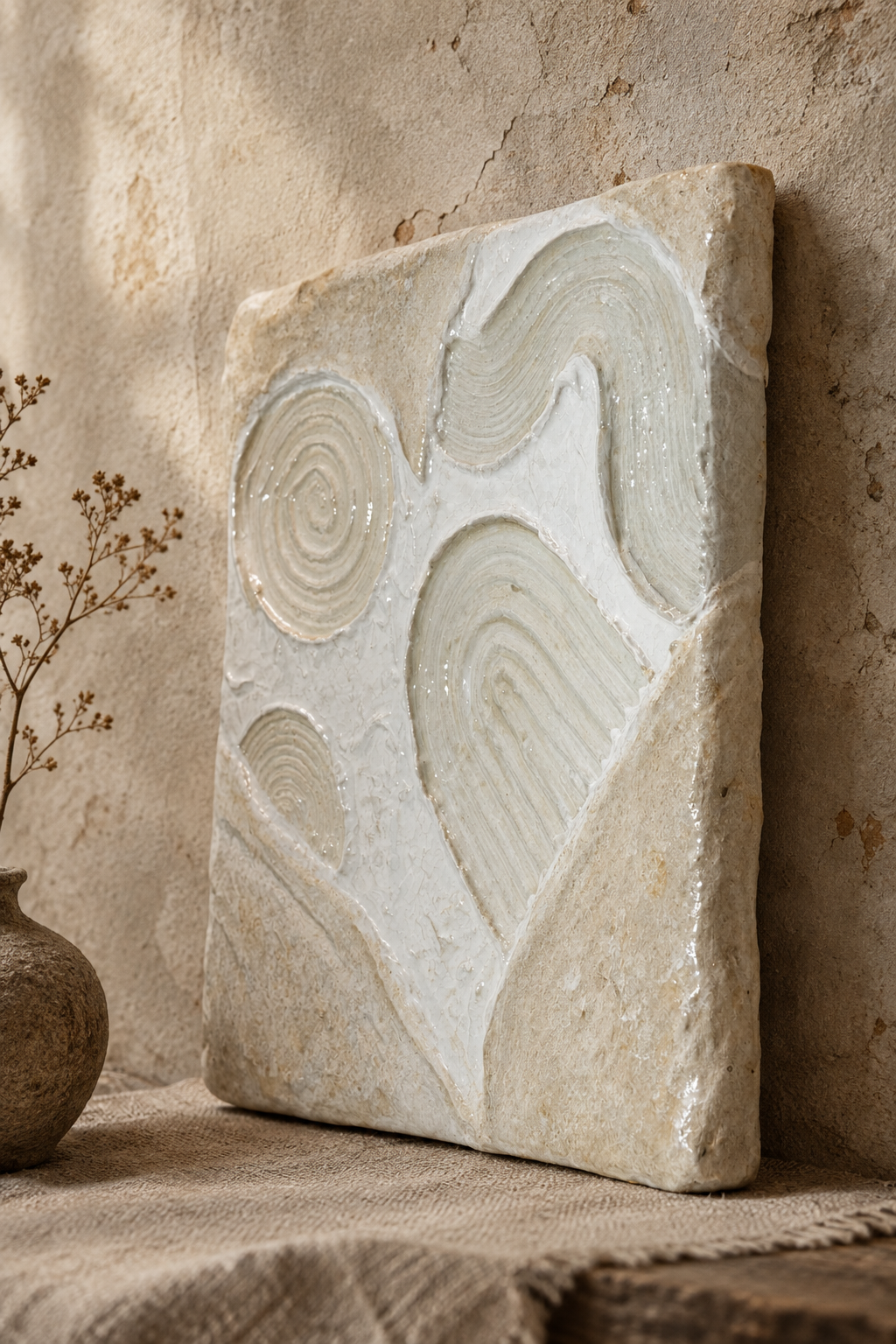 Bianco Terra CECO No. 01 Cloud Series square sculptural wall art with matte chalk and glossy resin wave textures.