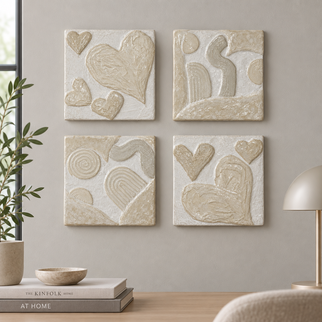 Bianco Terra CECO Cloud Series square wall art set featuring hand-sculpted heart and wave textures in alabaster tones.