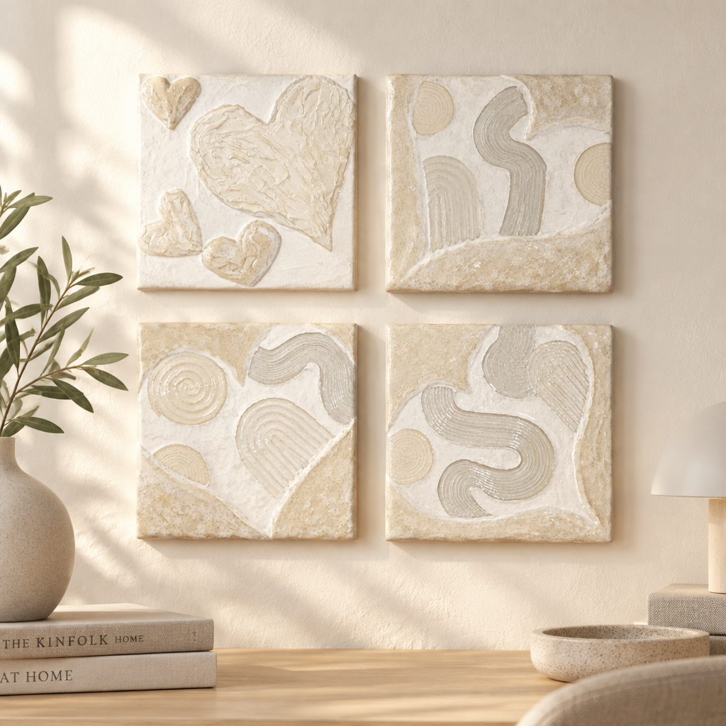 Bianco Terra CECO Cloud Series square sculptural wall art set in alabaster and nude with matte and glossy finishes.