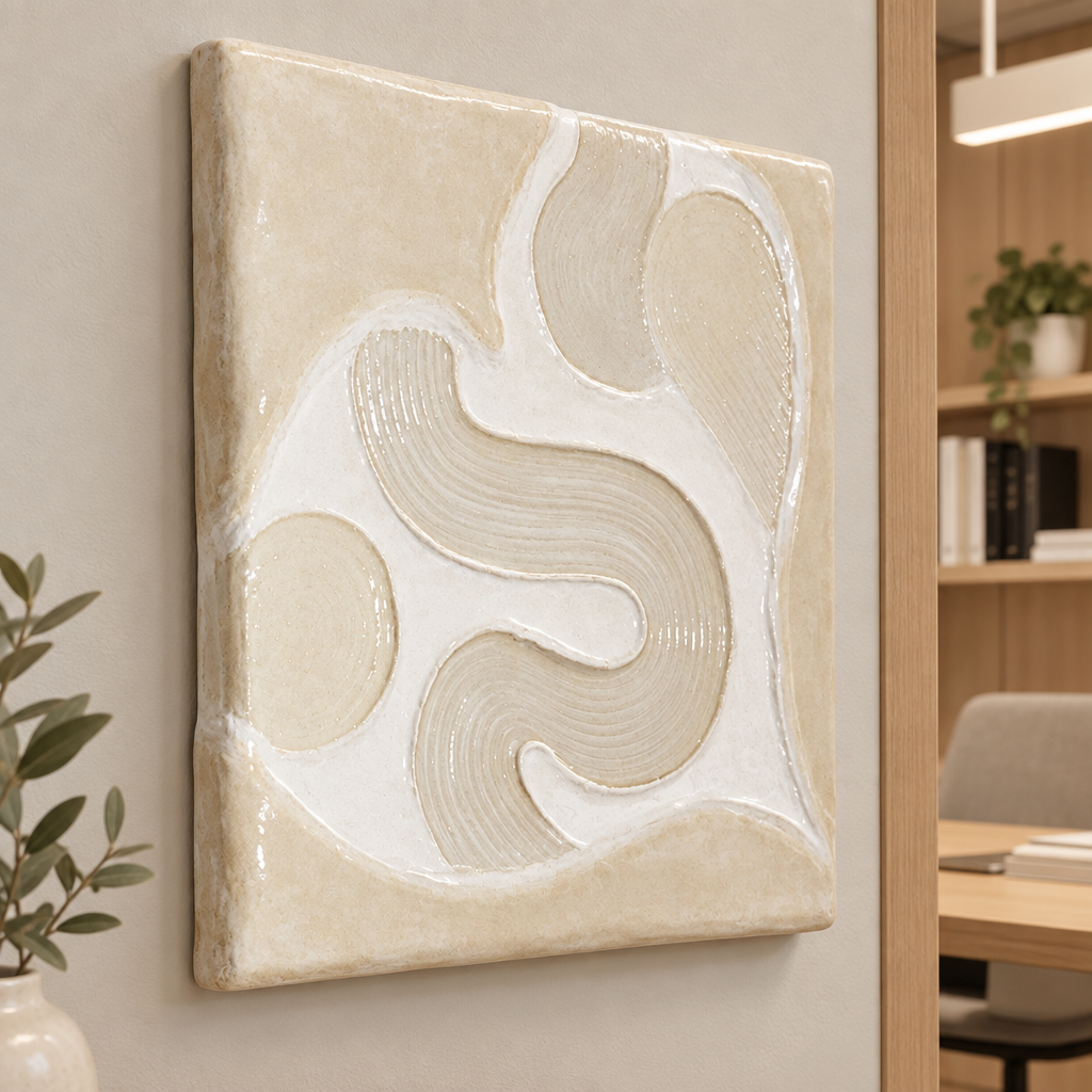 Bianco Terra CECO No. 02 square sculptural wall art with matte bubble textures and glossy resin heart wave details.