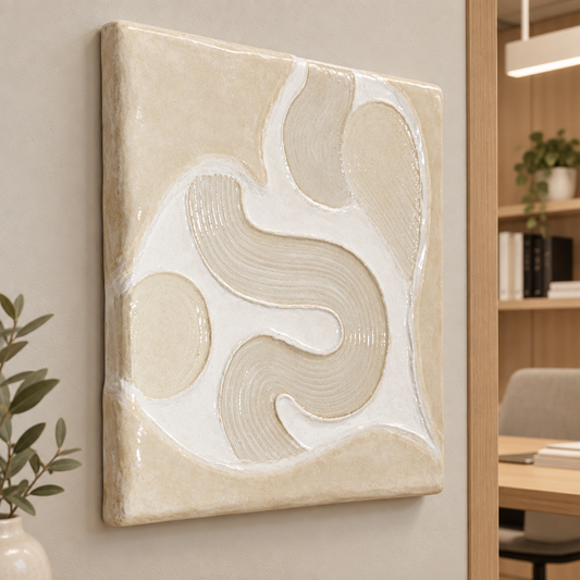 Bianco Terra CECO No. 02 square sculptural wall art with matte bubble textures and glossy resin heart wave details.