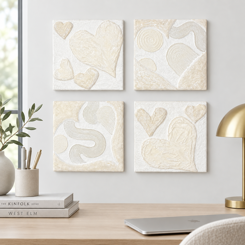 Bianco Terra CECO No. 02 Cloud Series square textured wall art with heart motifs in alabaster and organic nude tones.