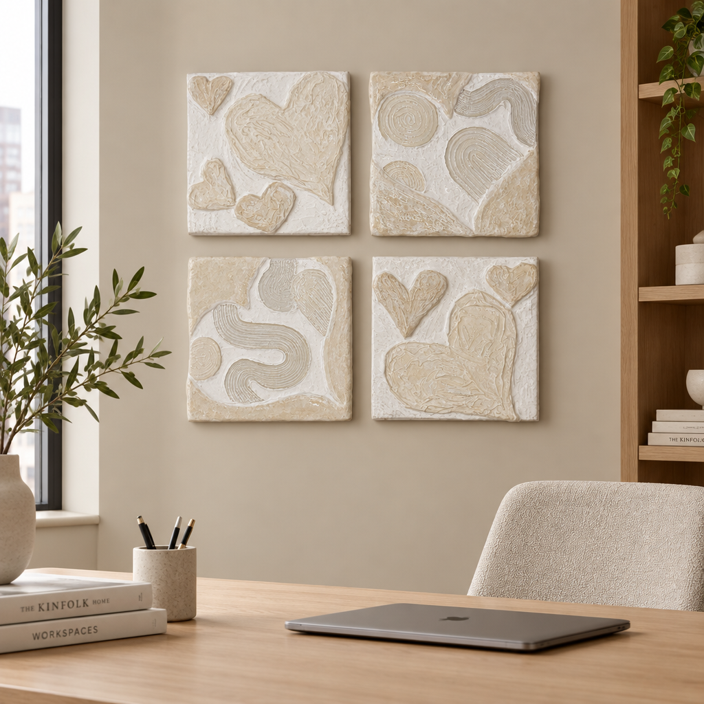 Bianco Terra CECO No. 02 Cloud Series square wall art set featuring hand-sculpted heart and abstract wave textures.