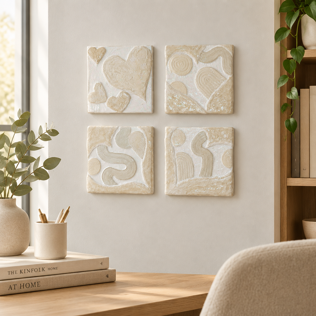 Bianco Terra CECO No. 02 Cloud Series square wall art set with hand-sculpted matte and glossy resin heart textures.
