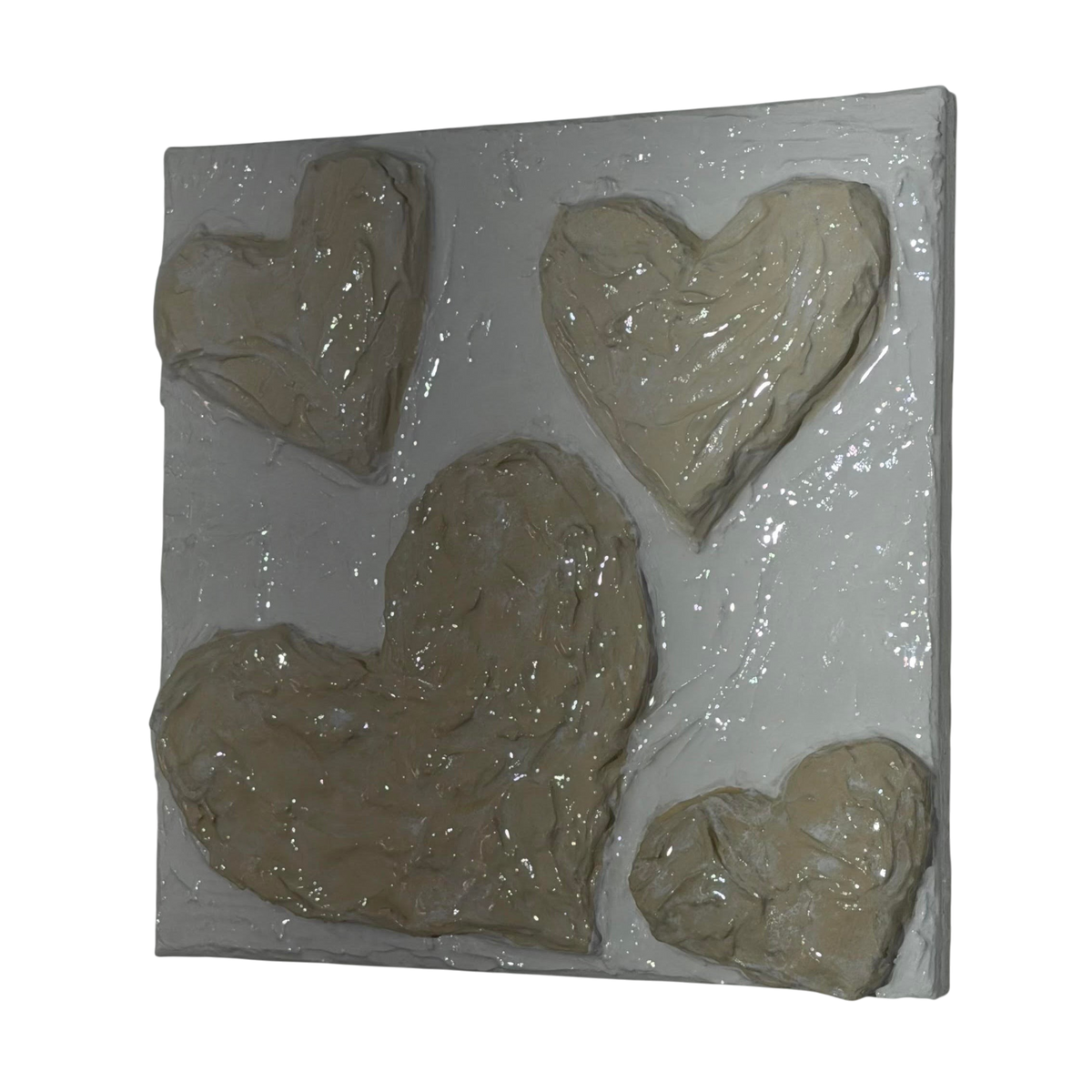 Bianco Terra CUORE No. 01 wall art featuring textured 3D hearts in alabaster and nude plaster on a square canvas.