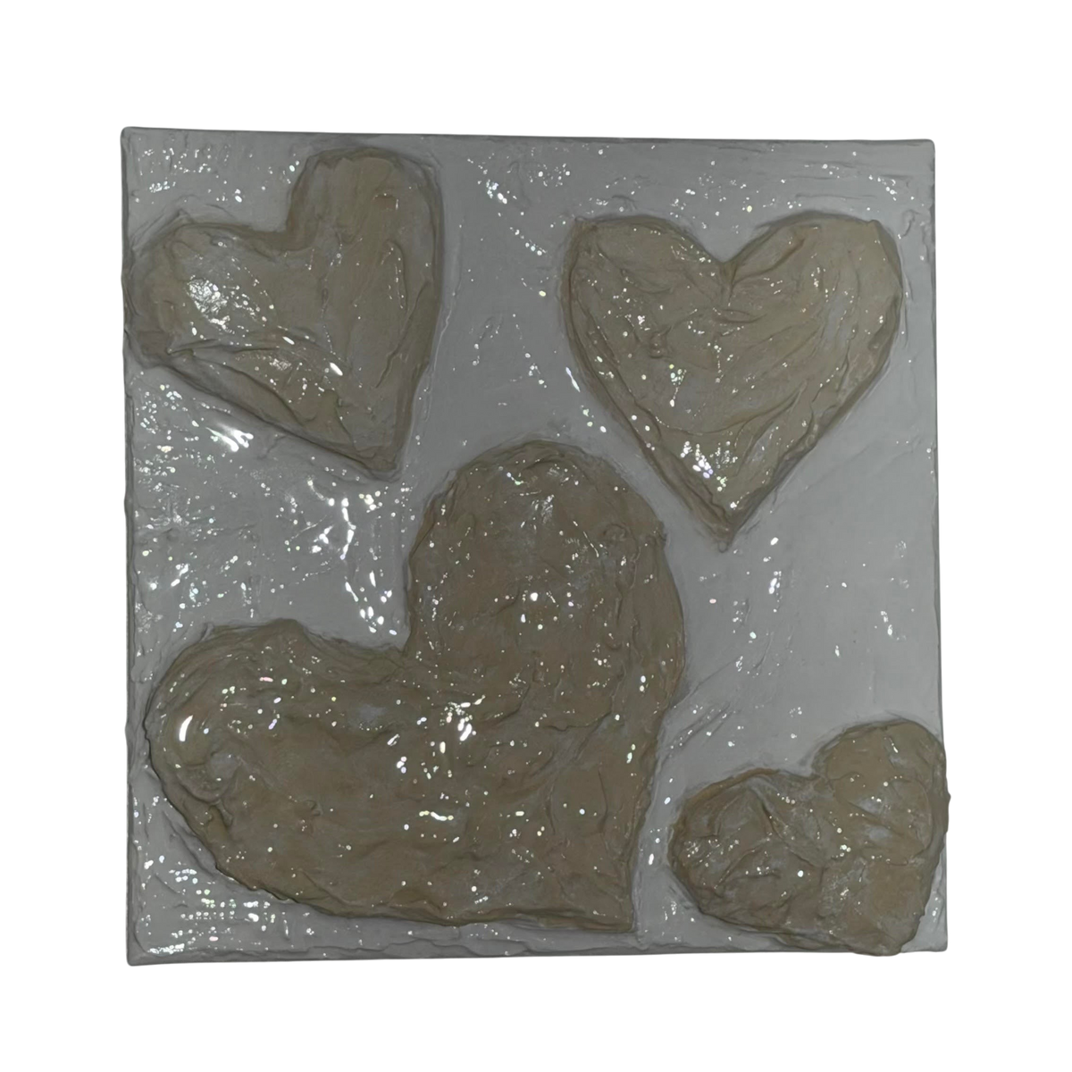 Bianco Terra CUORE No. 01 square canvas art featuring three-dimensional hand-sculpted hearts in textured plaster.