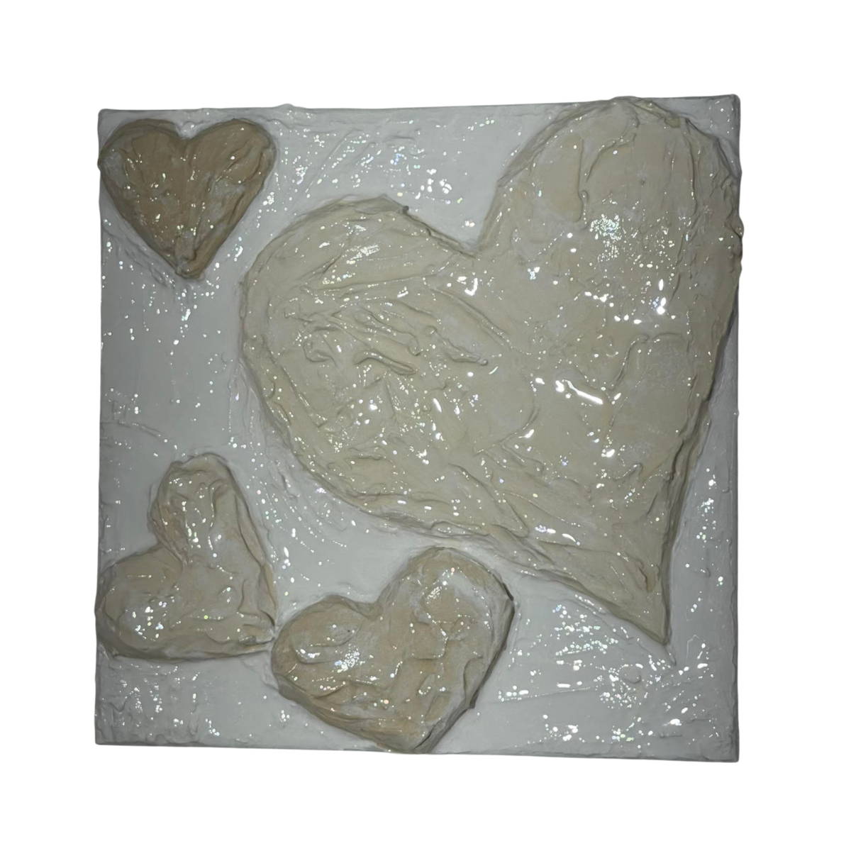 Bianco Terra CUORE No. 02 square canvas featuring 3D sculpted buttercream plaster hearts with a glossy resin finish.