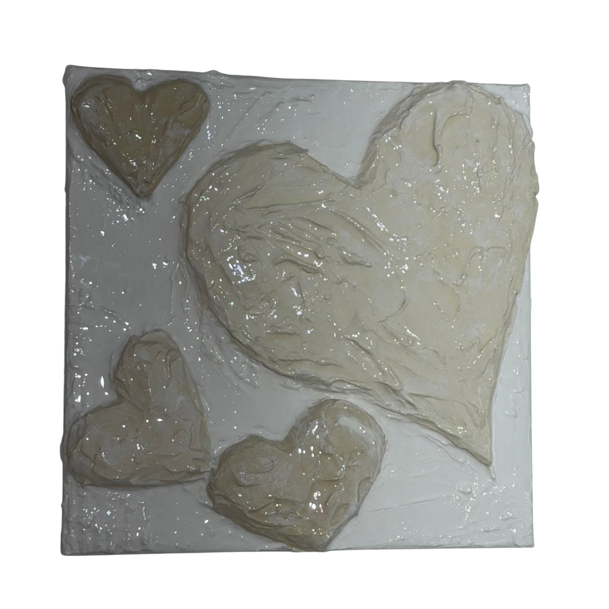 Bianco Terra CUORE No. 02 square wall art featuring hand-sculpted 3D hearts in textured alabaster and chalk plaster.