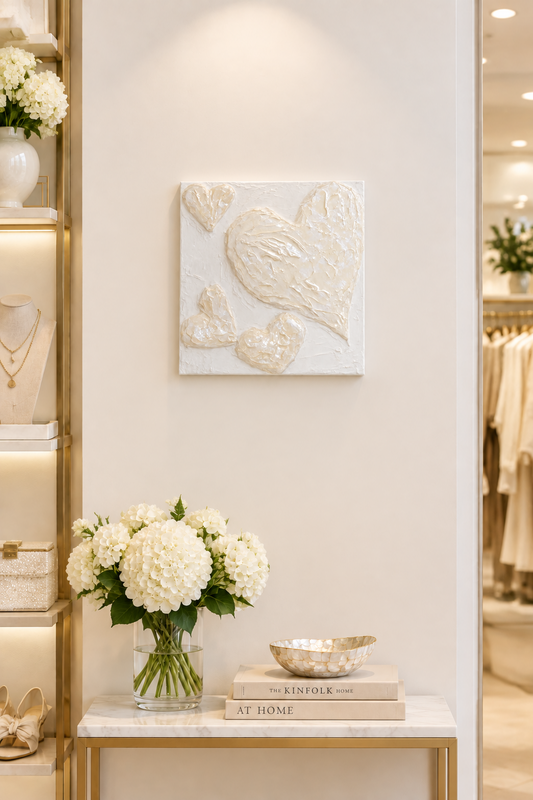 Bianco Terra CUORE No. 02 square wall art featuring hand-sculpted 3D hearts in textured alabaster and chalk plaster.