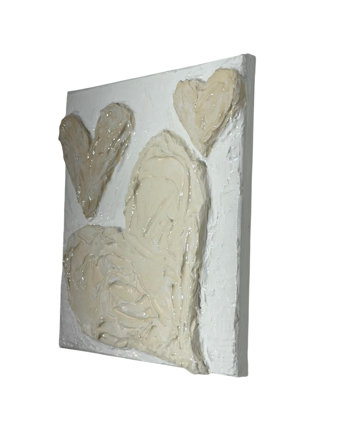 Bianco Terra CUORE No. 03 square canvas featuring 3D hand-sculpted buttercream plaster hearts in alabaster and nude.