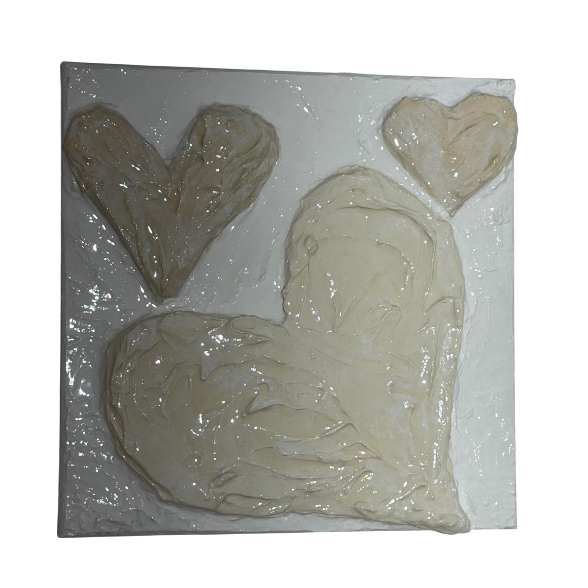 Bianco Terra CUORE No. 03 square wall art featuring three hand-sculpted 3D hearts in textured alabaster plaster.