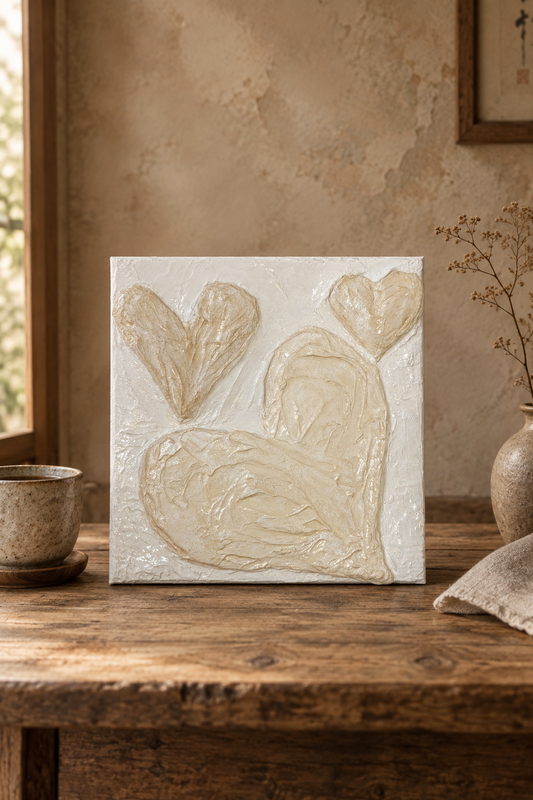 Bianco Terra CUORE No. 03 square wall art featuring three hand-sculpted 3D hearts in textured alabaster plaster.