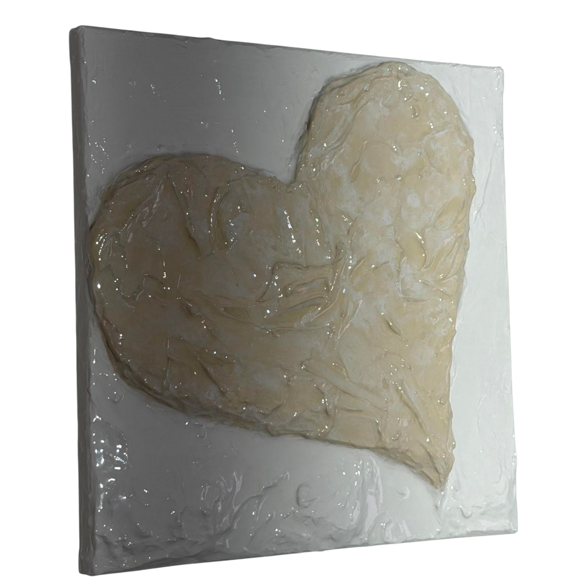 Bianco Terra CUORE No. 04 hand-sculpted 3D heart wall art with textured buttercream plaster and glossy resin finish.