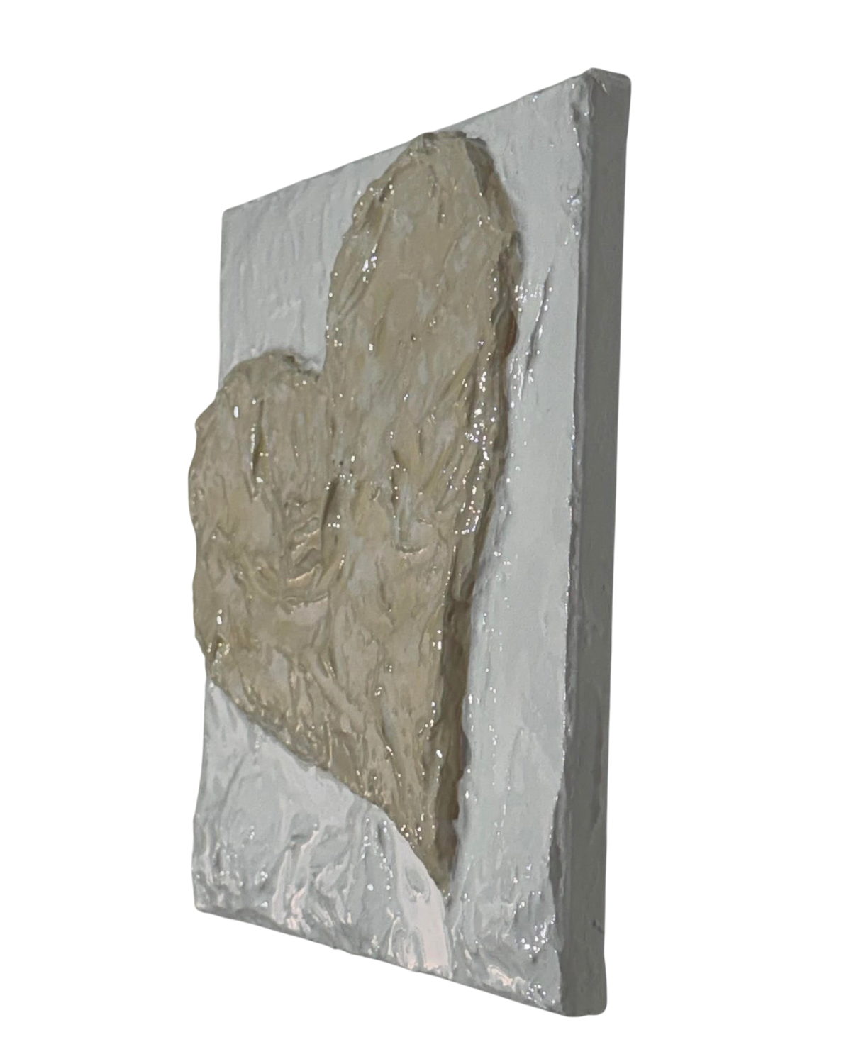 Bianco Terra CUORE No. 04 square canvas featuring a hand-sculpted 3D heart in textured alabaster and nude plaster.