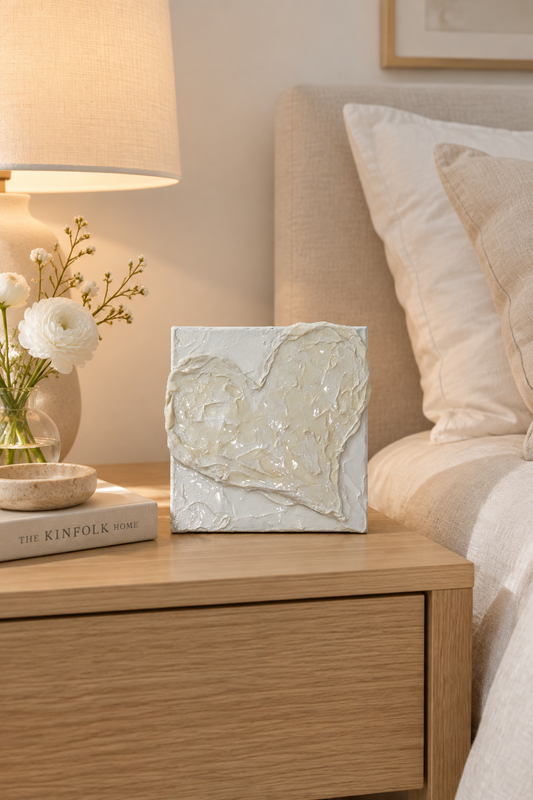 Bianco Terra CUORE MINI No. 03 square wall art featuring a 3D sculpted heart in textured alabaster plaster.