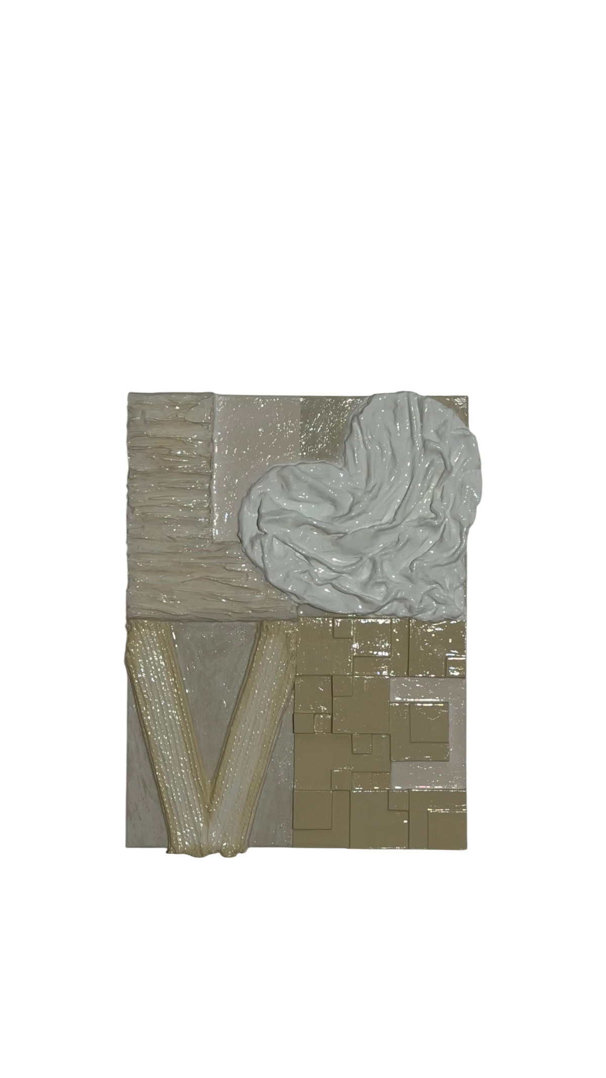 Bianco Terra LOVE canvas art with 3D plaster relief lettering, heart-shaped O, and high-gloss epoxy resin finish.