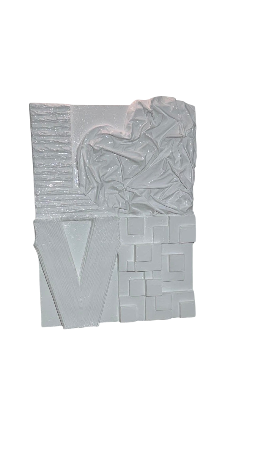 Bianco Terra LOVE No. 01 white 3D plaster wall art with resin finish and heart-shaped relief on a gallery canvas.