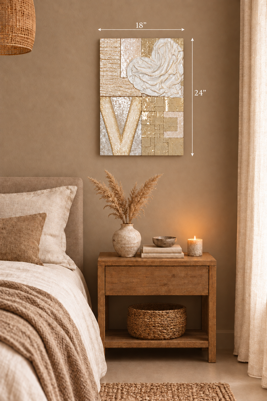 Bianco Terra LOVE canvas art with 3D plaster lettering, a heart-shaped O, and a high-gloss epoxy resin finish.