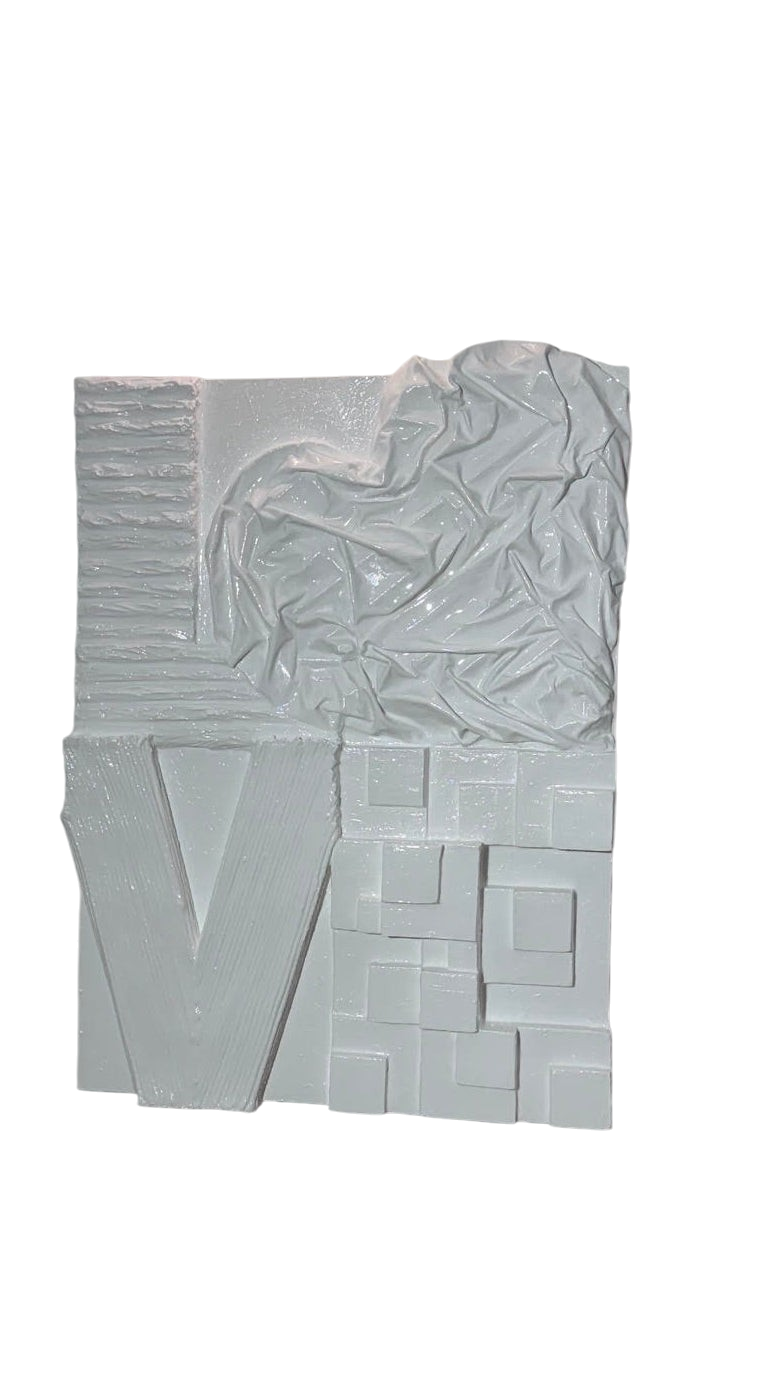 Bianco Terra LOVE No. 01 large-scale white 3D plaster wall art with glossy resin finish and heart-shaped relief design.